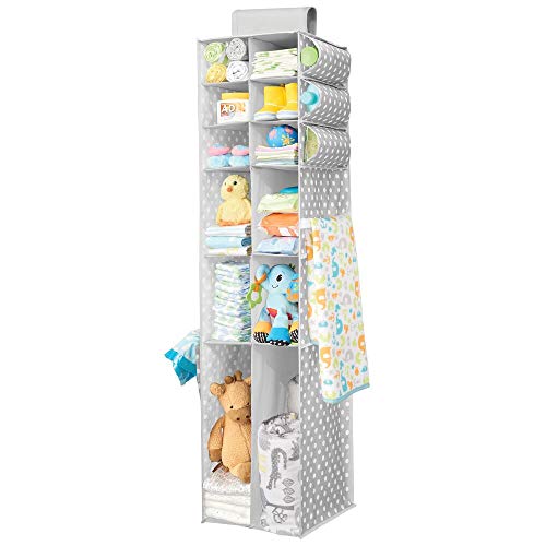 mDesign Organizador colgante – Organizador para ropa y zapatos con 16 compartimentos, ideal para el cuarto de los niños – Armario de tela con alegre diseño de puntos – gris/blanco