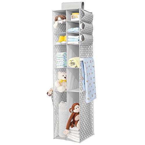 mDesign Organizador colgante – Organizador para ropa y zapatos con 16 compartimentos, ideal para el cuarto de los niños – Armario de tela con alegre diseño de puntos – gris/blanco