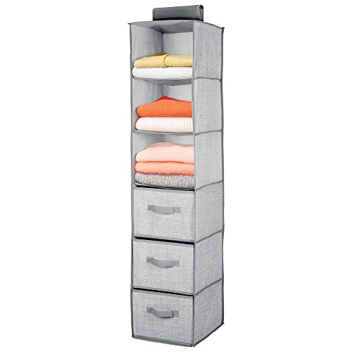 mDesign Organizador de armario colgante de fibra sintética – Práctico colgador de armario con 3 estantes de tela y 3 cajones para dormitorio – Ideal para organizar armarios – gris