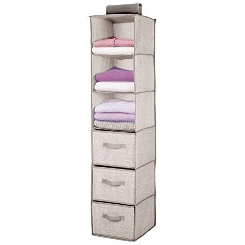 mDesign Organizador de armario colgante de fibra sintética – Práctico colgador de armario con 3 estantes de tela y 3 cajones para dormitorio – Ideal para organizar armarios – gris claro/marrón claro