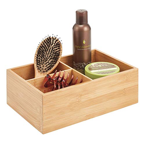 mDesign Organizador de baño de madera – Práctica caja organizadora con 3 compartimentos para productos de belleza de todo tipo – Elegante organizador de cosméticos y accesorios – color natural