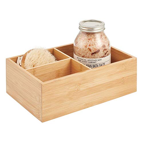 mDesign Organizador de baño de madera – Práctica caja organizadora con 3 compartimentos para productos de belleza de todo tipo – Elegante organizador de cosméticos y accesorios – color natural