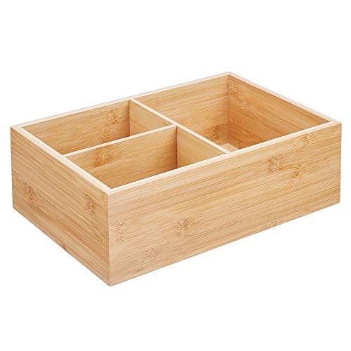mDesign Organizador de baño de madera – Práctica caja organizadora con 3 compartimentos para productos de belleza de todo tipo – Elegante organizador de cosméticos y accesorios – color natural