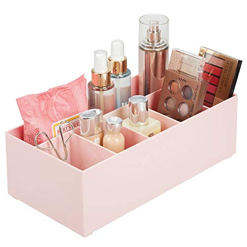 mDesign Organizador de cosméticos para el lavabo o el tocador – Caja organizadora de plástico libre de BPA para guardar el maquillaje – Moderna cesta de baño con 6 compartimentos – rosa