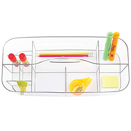mDesign Organizador de escritorio transportable – Caja organizadora para material de oficina: clips, tijeras, lápices, gomas – Grande/transparente