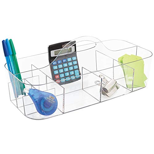 mDesign Organizador de escritorio transportable – Caja organizadora para material de oficina: clips, tijeras, lápices, gomas – Grande/transparente