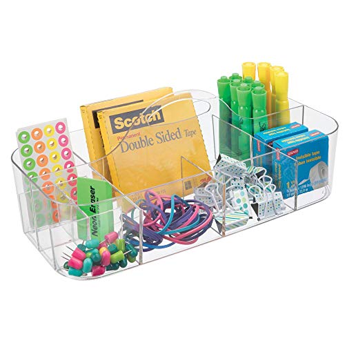 mDesign Organizador de escritorio transportable – Caja organizadora para material de oficina: clips, tijeras, lápices, gomas – Grande/transparente