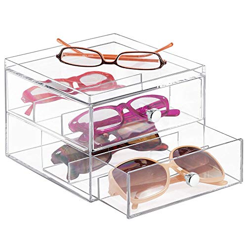 mDesign Organizador de Gafas de Sol y de Leer con 2 cajones – Cajonera de plástico para Guardar Gafas – Guarda Gafas Ideal como joyero u Organizador de Maquillaje – Transparente