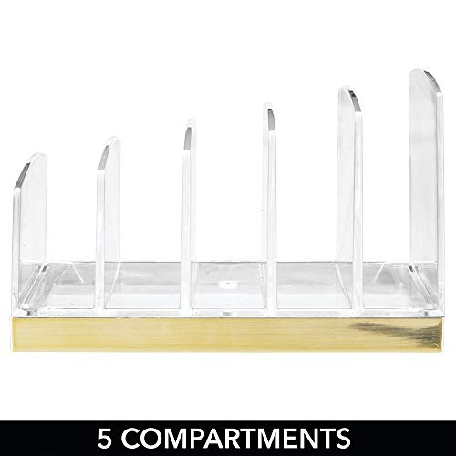 mDesign Organizador de maquillaje en plástico – Clasificador con 5 compartimentos para organizar maquillaje – Bandeja organizadora para lavabo, tocador o armario – transparente/dorado latón