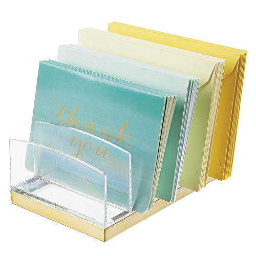 mDesign Organizador de maquillaje en plástico – Clasificador con 5 compartimentos para organizar maquillaje – Bandeja organizadora para lavabo, tocador o armario – transparente/dorado latón