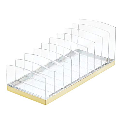 mDesign Organizador de maquillaje en plástico – Clasificador con 9 compartimentos para organizar maquillaje – Bandeja organizadora para lavabo, tocador o armario – transparente/dorado latón