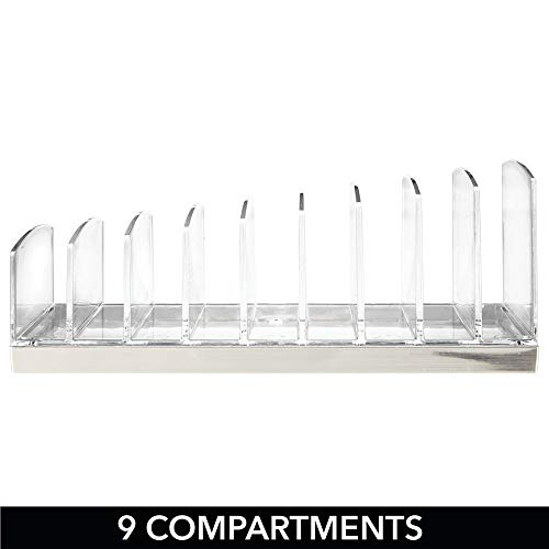 mDesign Organizador de maquillaje en plástico – Clasificador con 9 compartimentos para organizar maquillaje – Bandeja organizadora para lavabo, tocador o armario – transparente/plateado