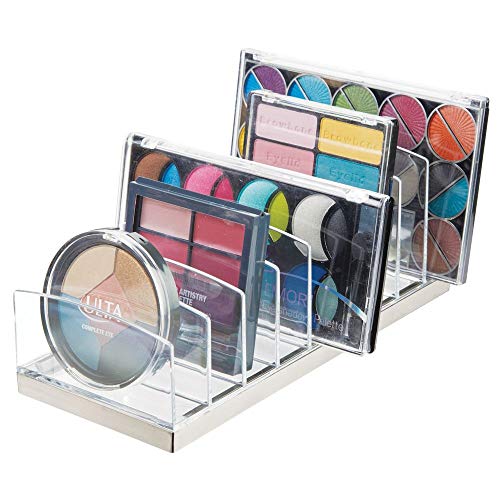 mDesign Organizador de maquillaje en plástico – Clasificador con 9 compartimentos para organizar maquillaje – Bandeja organizadora para lavabo, tocador o armario – transparente/plateado