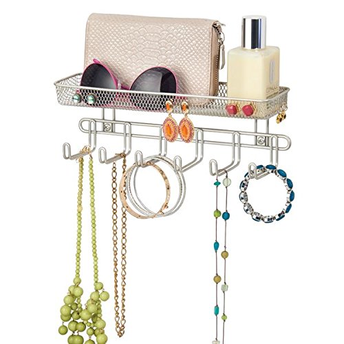 mDesign Práctico organizador de joyas para pared– Con 6 ganchos y 1 compartimento - 27,9 cm - Mueble joyero para anillos, gafas, collares y pendientes – Joyero con ganchos – Color: satinado