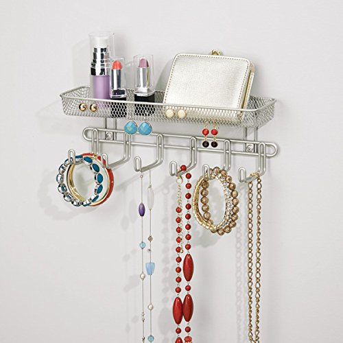 mDesign Práctico organizador de joyas para pared– Con 6 ganchos y 1 compartimento - 27,9 cm - Mueble joyero para anillos, gafas, collares y pendientes – Joyero con ganchos – Color: satinado