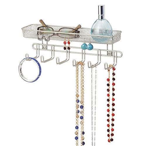 mDesign Práctico organizador de joyas para pared– Con 6 ganchos y 1 compartimento - 27,9 cm - Mueble joyero para anillos, gafas, collares y pendientes – Joyero con ganchos – Color: satinado