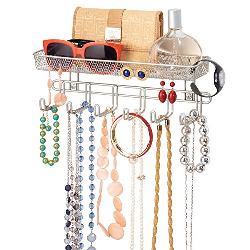 mDesign Práctico organizador de joyas para pared– Con 6 ganchos y 1 compartimento - 27,9 cm - Mueble joyero para anillos, gafas, collares y pendientes – Joyero con ganchos – Color: satinado