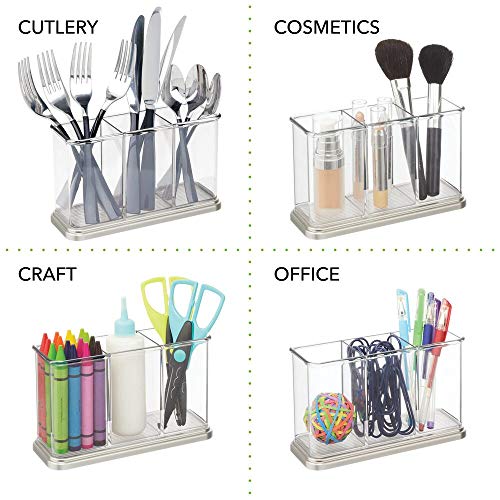mDesign Práctico portalápices para material de oficina y papelería – Decorativa caja para guardar lápices y accesorios – Organizador de escritorio con 3 compartimentos – transparente y plateado