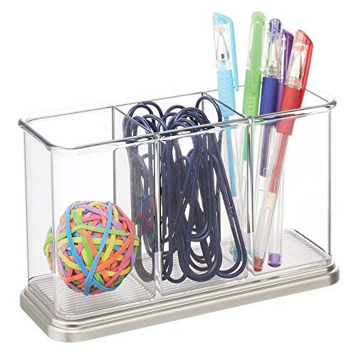 mDesign Práctico portalápices para material de oficina y papelería – Decorativa caja para guardar lápices y accesorios – Organizador de escritorio con 3 compartimentos – transparente y plateado
