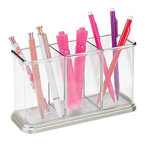 mDesign Práctico portalápices para material de oficina y papelería – Decorativa caja para guardar lápices y accesorios – Organizador de escritorio con 3 compartimentos – transparente y plateado