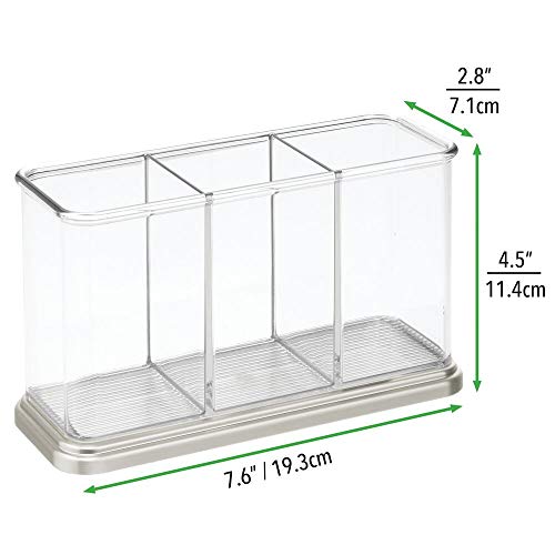 mDesign Práctico portalápices para material de oficina y papelería – Decorativa caja para guardar lápices y accesorios – Organizador de escritorio con 3 compartimentos – transparente y plateado