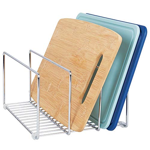 mDesign Soporte para sartenes y Tapas en Metal – Compacto Organizador de tapaderas, bandejas de Horno o Tablas de Cortar para Armario o encimera – Accesorios de Cocina para Ahorrar Espacio – Plateado
