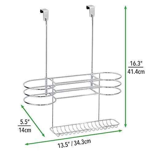 mDesign Soporte para secador de pelo sin taladro – Organizador de baño grande de metal para secador de cabello, plancha para pelo y cepillos – Colgador para puerta, ideal estantería de baño – plateado