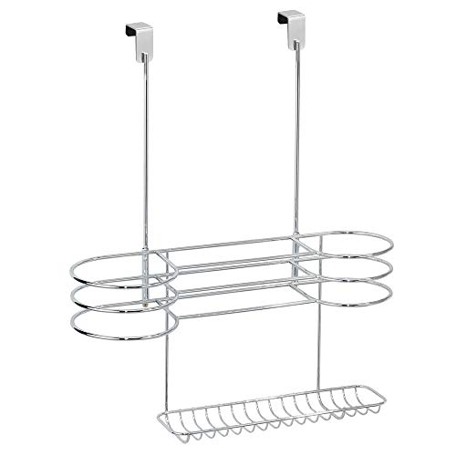 mDesign Soporte para secador de pelo sin taladro – Organizador de baño grande de metal para secador de cabello, plancha para pelo y cepillos – Colgador para puerta, ideal estantería de baño – plateado