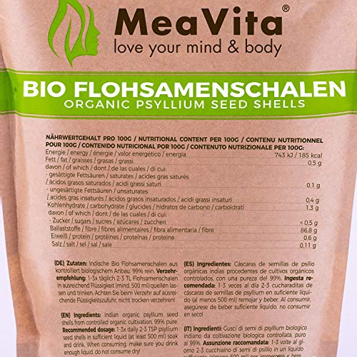 Meavita Cáscara de Psyllium Orgánica Alta En Fibra y Vegana, 500 g