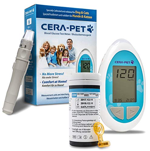 Medidor de glucosa en sangre especialmente calibrado para su uso en perros y gatos - Glucometro veterinario para mascotas - Producto e instrucciones en inglés - Nueva versión del 2018