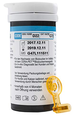 Medidor de glucosa en sangre especialmente calibrado para su uso en perros y gatos - Glucometro veterinario para mascotas - Producto e instrucciones en inglés - Nueva versión del 2018