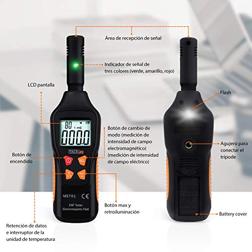 Medidor EMF, TACKLIFE Detector de Radiación, 5HZ - 3500MHz con LCD Digital, Alarma de Luz y Sonido, para Probar Radiación de Campo Magnético, Campo Eléctrico y Temperatura Ambiente - MET01