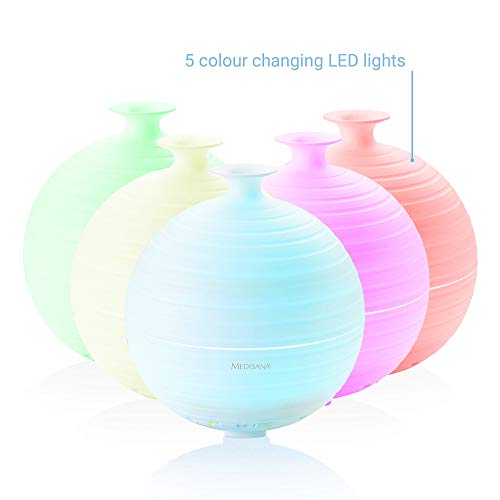 Medisana AD 620 Difusor de Aromas, Nebulizador con Luz de Bienestar en 5 Colores, Lámpara de Fragancia con Temporizador, Agradable Fragancia Ambiente para la Aromaterapia, 300 ml, Blanco