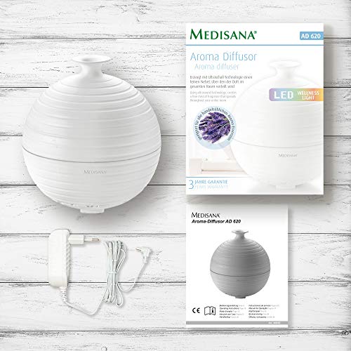 Medisana AD 620 Difusor de Aromas, Nebulizador con Luz de Bienestar en 5 Colores, Lámpara de Fragancia con Temporizador, Agradable Fragancia Ambiente para la Aromaterapia, 300 ml, Blanco