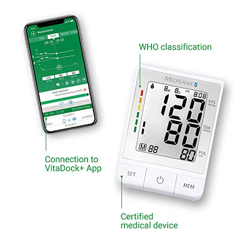 Medisana BU 530 connect Tensiómetro para el brazo, pantalla de arritmia, escala de colores de los semáforos de la OMS para una medición precisa de la tensión arterial y del pulso con app