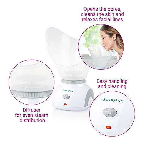 Medisana FSS Sauna Facial, Vaporizador de Cara, Limpieza Profunda de los Poros con Adaptador para la Nariz para el Cuidado de la Cara, Blanco/Gris