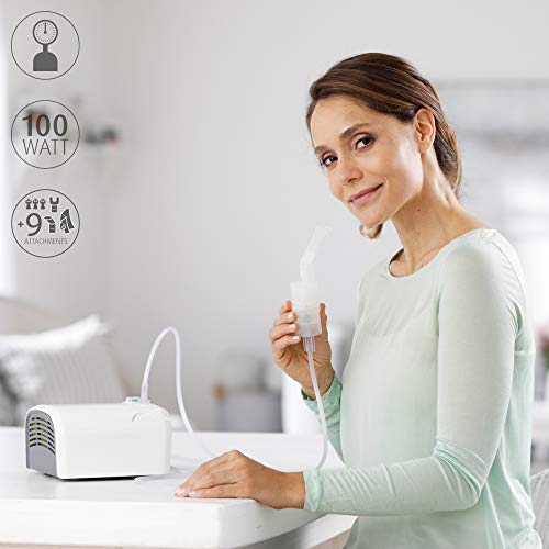 Medisana IN 520 Inhalador portátil para viajes, nebulizador de compresor con boquilla y máscara para adultos y niños, para resfriados o asma con amplios accesorios