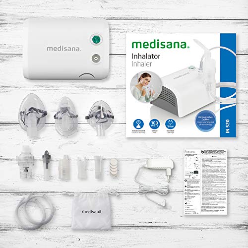 Medisana IN 520 Inhalador portátil para viajes, nebulizador de compresor con boquilla y máscara para adultos y niños, para resfriados o asma con amplios accesorios