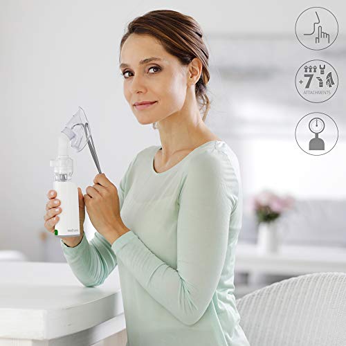 Medisana IN 535 Inhalador portátil para el transporte, nebulizador de compresor con boquilla y máscara para adultos y niños, para el resfriado o el asma con batería recargable a través de Micro-USB