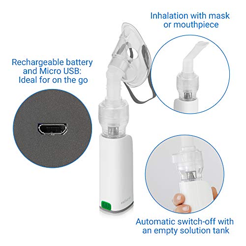 Medisana IN 535 Inhalador portátil para el transporte, nebulizador de compresor con boquilla y máscara para adultos y niños, para el resfriado o el asma con batería recargable a través de Micro-USB