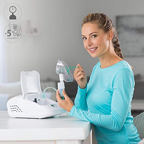 Medisana IN 550 Inhalador nebulizador compresor con boquilla y mascarilla para adultos y niños, para resfriados o asma con accesorios adicionales, tubo largo y compartimento para accesorios