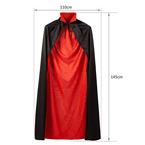 Meerveil Vampiro Halloween Capa, Capa Reversible con Cuello de Pie, Disfraz de Diablo con 19 Hojas Cicatriz Tatuaje Pegatinas, para Niños y Adultos (Negra y Roja, Unisex)