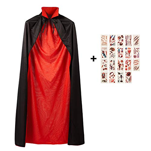 Meerveil Vampiro Halloween Capa, Capa Reversible con Cuello de Pie, Disfraz de Diablo con 19 Hojas Cicatriz Tatuaje Pegatinas, para Niños y Adultos (Negra y Roja, Unisex)