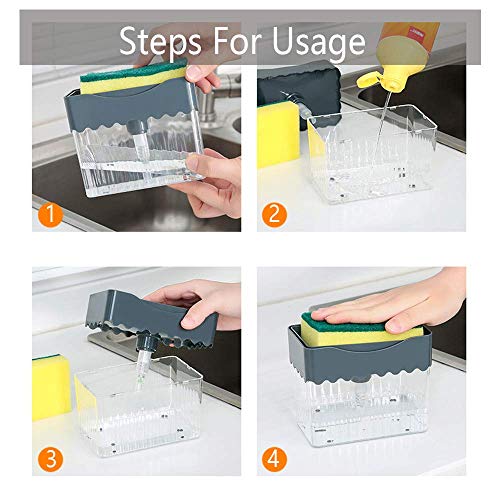 Mein HERZ Dispensador Jabon Cocina, Dispensador Lavavajillas, Dispensador de Jabón líquido, Plástico Cromado y Elegante Dispensador de Mano con Soporte de Esponja para Fregadero de Cocina