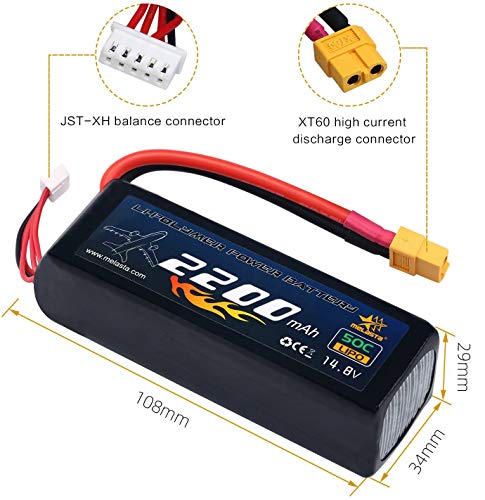 melasta 4S 14.8V LiPo batería 2200mAh 50C RC Lipo batería con XT60 Enchufe para RC avión helicóptero Quadcopter vehículo Barco [UL y CE Certificado]