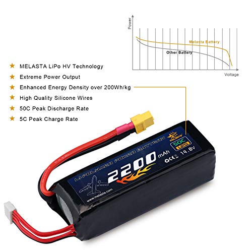 melasta 4S 14.8V LiPo batería 2200mAh 50C RC Lipo batería con XT60 Enchufe para RC avión helicóptero Quadcopter vehículo Barco [UL y CE Certificado]