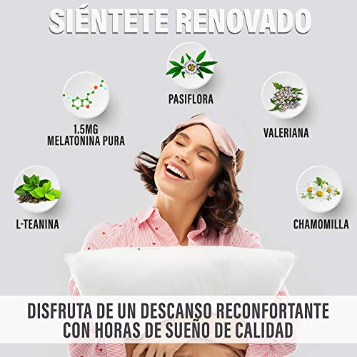 Melatonina Pura + L-Teanina + Valeriana + Pasiflora + Chamomilla | Mejora la calidad del Sueño | Elimina el Insomnio y regula los ciclos de sueño | Fórmula natural de alta eficacia | 60 Cápsulas