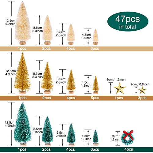 MELLIEX 47pcs Mini Árbol de Navidad, Pequeño Árbol de Navidad Artificial Sisal Árboles Adornos de Navidad Traje con Estrellas y Corona para la Decoración del Hogar, Bricolaje(Verde/Dorado/Blanco)