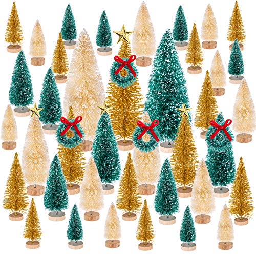 MELLIEX 47pcs Mini Árbol de Navidad, Pequeño Árbol de Navidad Artificial Sisal Árboles Adornos de Navidad Traje con Estrellas y Corona para la Decoración del Hogar, Bricolaje(Verde/Dorado/Blanco)