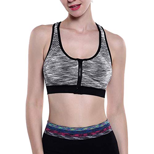 Mengmiao Mujer Imprimiendo Sujetador Yoga Deportivo Cremallera Delantera con Relleno Sujetadores Gris M